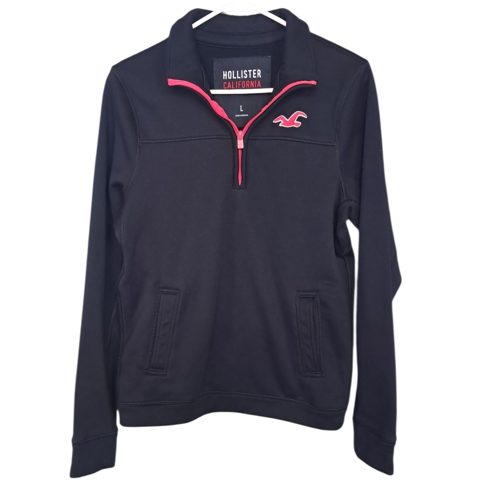 Hollister Navy and Red 1/4 Zip Pullover with Embroidered Logo